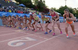 Apr 18, 2014; Walnut, CA, USA; The start of the invitational womens 1,500m in the 56th Mt. San Antonio College Relays at Hilmer Lodge Stadium. Sara Vaughn (3) defeated Lea Wallace (5) to win 4:10.05 to 4:10.25.