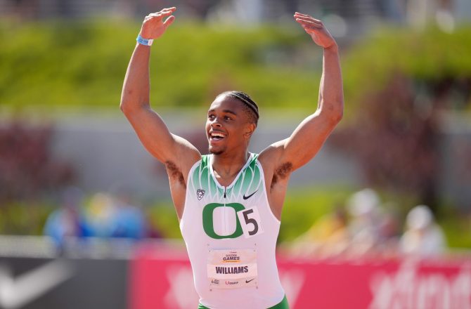 Micah Williams of Oregon celebrates after winning the invitational 100m in 9.83 during the USATF Golden Games at the 62nd Mt. San Antonio College Relays, Saturday, April 16, 2022, in Walnut, Calif. (Kirby Lee via AP)