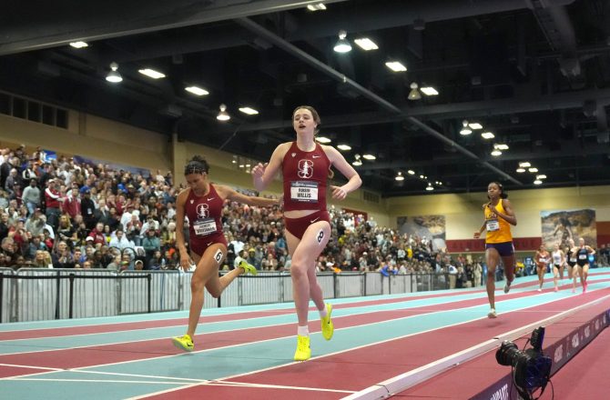 Mar 11, 2023; Albuquerque, New Mexico, USA; Roisin Willis and Juliette Whittaker of Stanford place first and second in the women's 800m in 1:59.93 and 2:00.05 during the NCAA Indoor Championships at Albuquerque Convention Center.